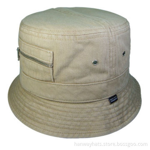 Men's Khaki Herringbone Fabric, Fashionable Garment Wash Bucket Hat, Zipper Pocket TrimNew